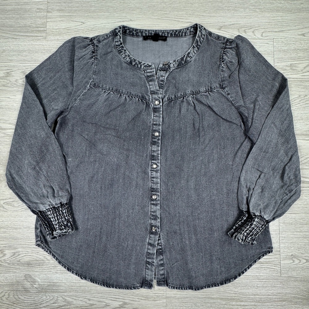 Jane + Delancey Womens Top Lyocell Denim Look Smocked Cuff Black Small S Blouse
